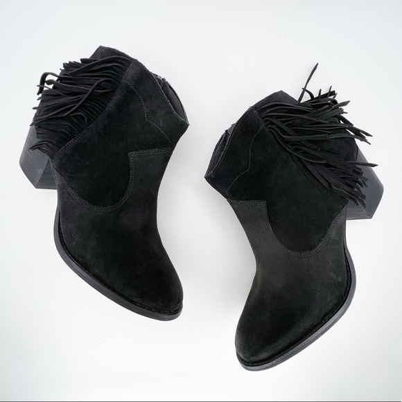 Marc Fisher Ankle Boot “Sade” Fringed Bootie Black Suede Leather Size 11 New - Picture 1 of 10